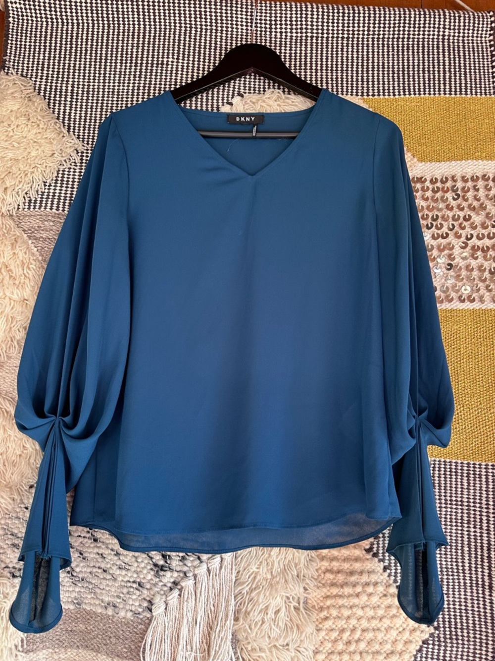 DKNY Teal Blue V-Neck Draped Sleeve Blouse